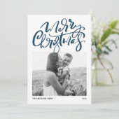 Modern Calligrafie Blue Photo Merry Kerstry Feestdagenkaart (Staand voorkant)