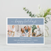 Modern Calligrafie Script Dusty Blue 3 Foto Feestdagenkaart (Staand voorkant)