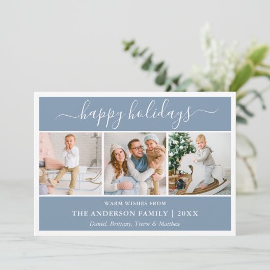 Modern Calligrafie Script Dusty Blue 3 Foto Feestdagenkaart (Staand voorkant)