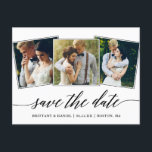 Modern Calligrafiescript 3 Foto sparen de Datum Briefkaart<br><div class="desc">Moderne Elegant Calligraphy Script 3 Photo Collage Save the Date Wedding Verloving Announge Briefkaart</div>