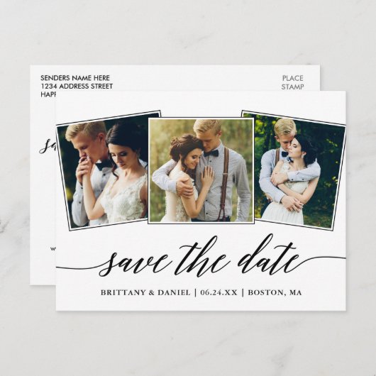 Modern Calligrafiescript 3 Foto sparen de Datum Briefkaart (Voorkant / Achterkant)