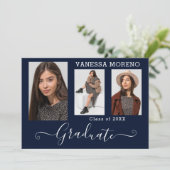 Modern Calligrafiescript 3 Fotoblauw Afstuderen Aankondiging (Staand voorkant)