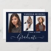 Modern Calligrafiescript 3 Fotoblauw Afstuderen Aankondiging (Voorkant / Achterkant)