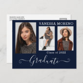 Modern Calligrafiescript 3 Fotoblauw Afstuderen Briefkaart (Voorkant / Achterkant)