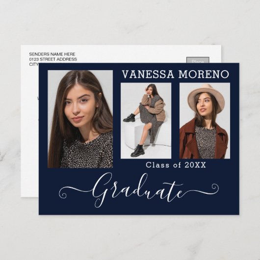 Modern Calligrafiescript 3 Fotoblauw Afstuderen Briefkaart (Voorkant / Achterkant)
