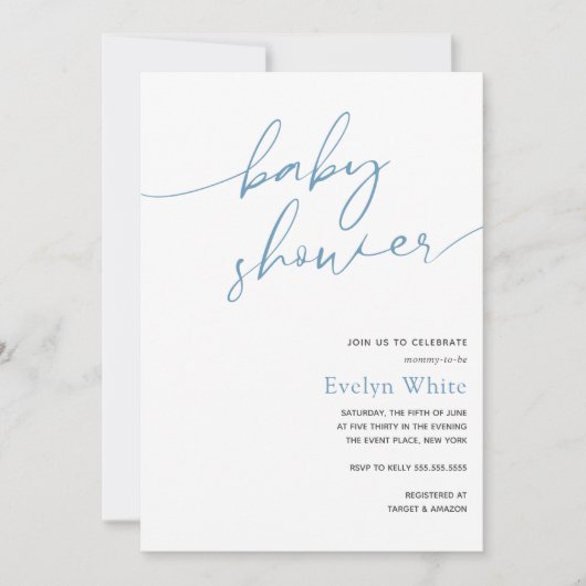 Modern Calligraphy Blue Boy Baby shower Invitation Kaart (Voorkant)