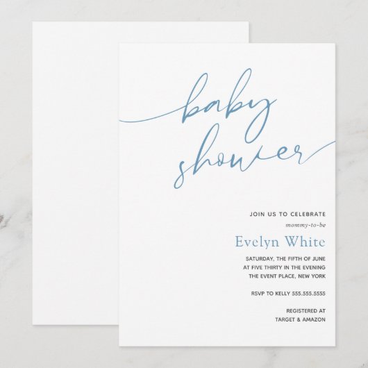 Modern Calligraphy Blue Boy Baby shower Invitation Kaart (Voorkant / Achterkant)