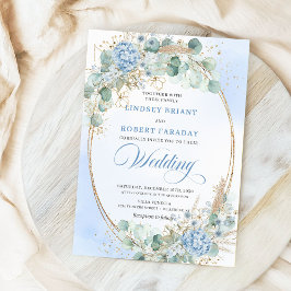 Modern Calligraphy Blue Floral Gold Wedding Invite Kaart