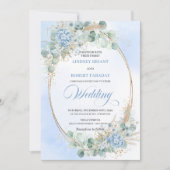 Modern Calligraphy Blue Floral Gold Wedding Invite Kaart (Voorkant)