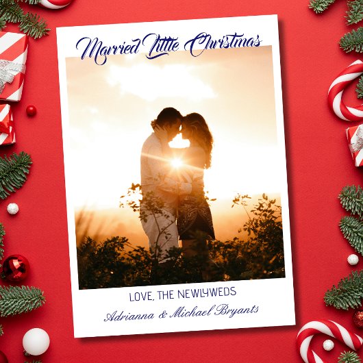 Modern Calligraphy Blue Married Little Christmas Feestdagenkaart