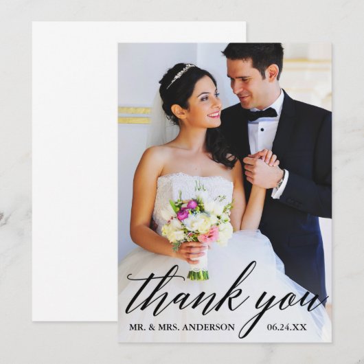 Modern Calligraphy Bride Groom Photo Wedding Bedankkaart (Voorkant / Achterkant)