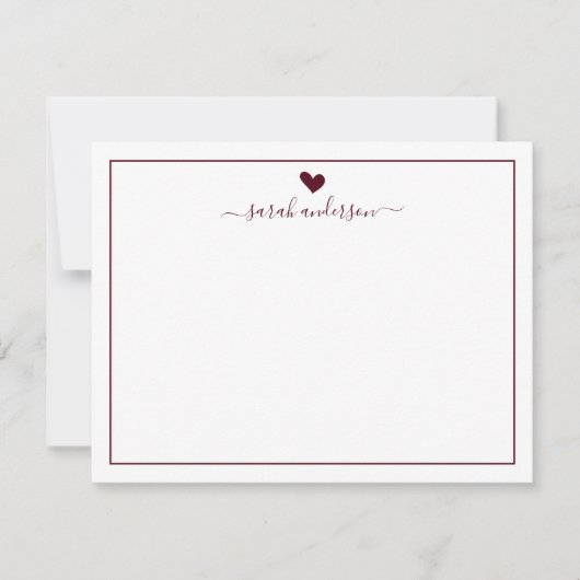 Modern Calligraphy Burgundy Heart Personalized Notitiekaartje (Voorkant)
