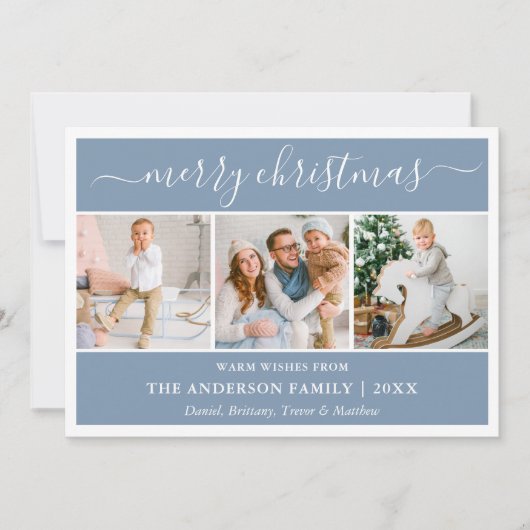 Modern Calligraphy Christmas Dusty Blue 3 Foto Feestdagenkaart (Voorkant)