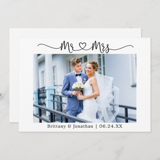 Modern Calligraphy Heart Mr. en Mrs Wedding Bedankkaart (Voorkant / Achterkant)