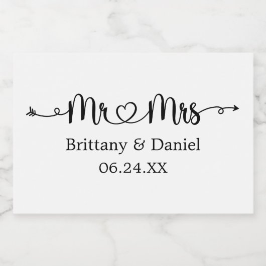 Modern Calligraphy Heart Mr. en Mrs Wedding Sparkling Wijnetiket (Enkel label)
