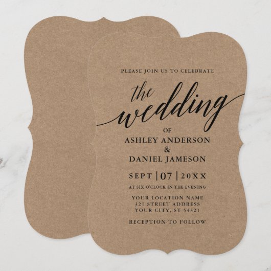 Modern Calligraphy Kraft Wedding Kaart (Voorkant / Achterkant)