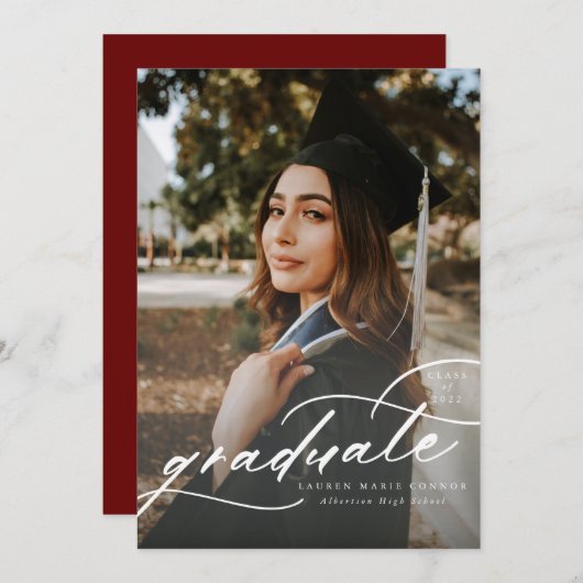 Modern Calligraphy Photo Graduation Vertical Aankondiging (Voorkant / Achterkant)