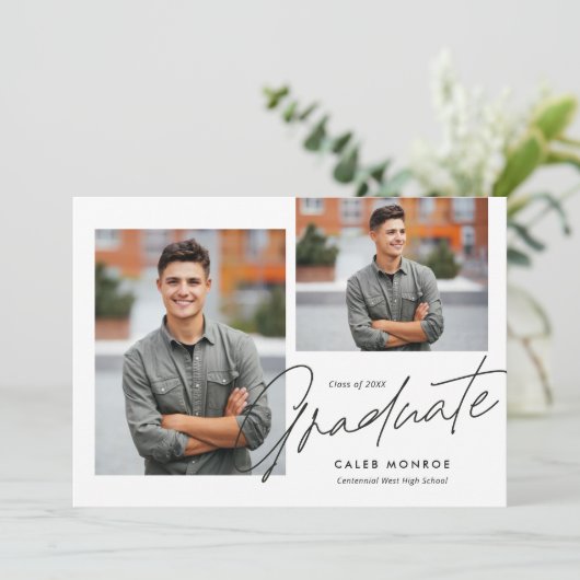 Modern Calligraphy Script 3 Foto Afstuderen Aankondiging (Staand voorkant)