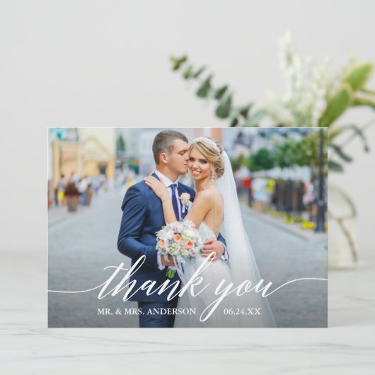 Modern Calligraphy Wedding Bride Groom 4 Foto Bedankkaart (Staand voorkant)