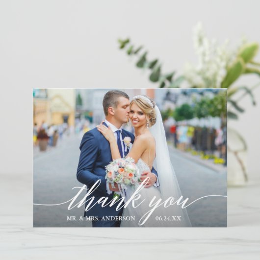 Modern Calligraphy Wedding Bride Groom Foto W Bedankkaart (Staand voorkant)