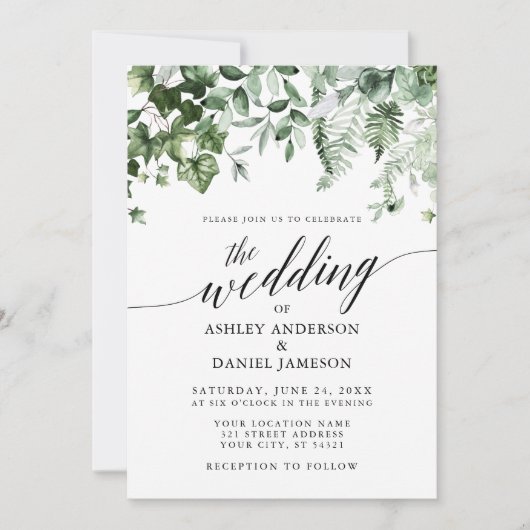 Modern Calligraphy Wedding Ivy Ferns Sage Green Kaart (Voorkant)