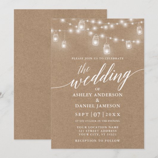 Modern Calligraphy Wedding Lights Kraft Kaart (Voorkant / Achterkant)