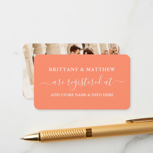 Modern Calligraphy Wedding Registry Foto Coral Informatiekaartje (Voorkant / Achterkant in situ)