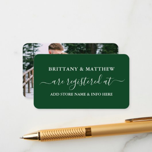 Modern Calligraphy Wedding Registry Foto Green Informatiekaartje (Voorkant / Achterkant in situ)