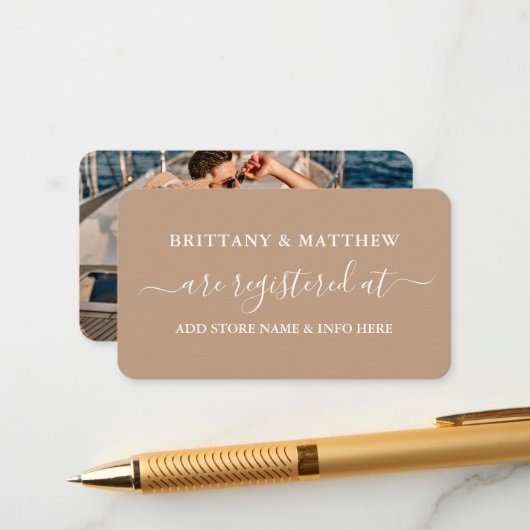 Modern Calligraphy Wedding Registry Foto Taupe Informatiekaartje (Voorkant / Achterkant in situ)