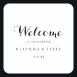Modern Calligraphy Wedding Welcome Vierkante Sticker<br><div class="desc">Deze moderne kalligrafie bruiloft welkom vierkante sticker is ideaal voor een rustieke bruiloft. Het eenvoudige en elegante ontwerp heeft klassieke en fancy scripttypografie in zwart-wit. Deze labels zijn perfect voor hotelgasten welkomsttassen en bestemmingsbruiloften.</div>