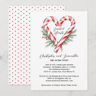 Modern Candy Cane Christmas Twins Baby shower Kaart