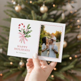 Modern Candy Cane Holly & Bow Photo Holiday Card Feestdagenkaart