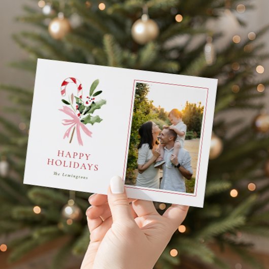 Modern Candy Cane Holly & Bow Photo Holiday Card Feestdagenkaart