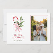 Modern Candy Cane Holly & Bow Photo Holiday Card Feestdagenkaart (Voorkant)