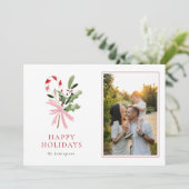 Modern Candy Cane Holly & Bow Photo Holiday Card Feestdagenkaart (Staand voorkant)
