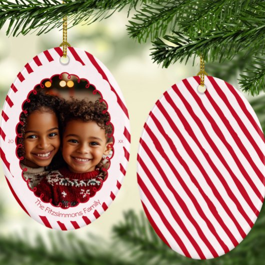 Modern Candy Cane Stripe Christmas Photo  Keramisch Ornament