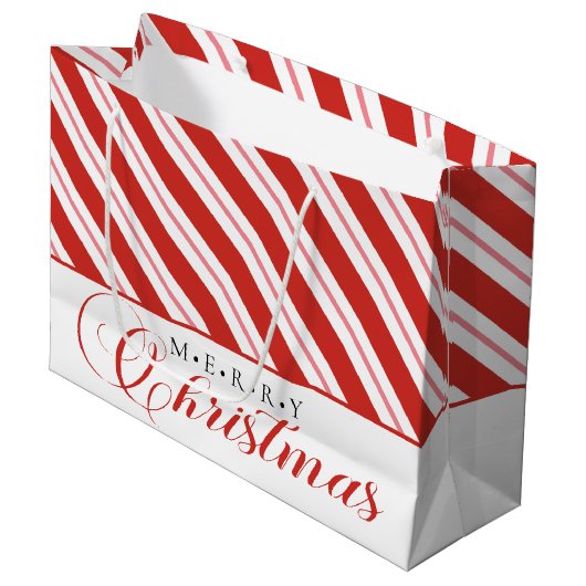 Modern Candy Cane Stripe Script Vrolijk Kerstfeest Groot Cadeauzakje (Voorkant Gekanteld)