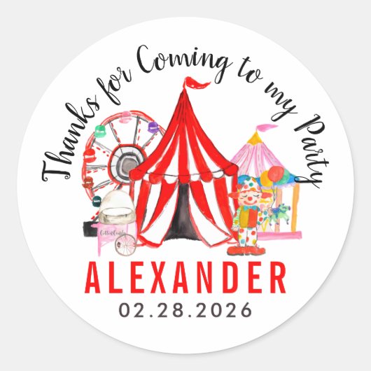 Modern Carnaval Circus Show Kind Dank u Verjaardag Ronde Sticker (Voorkant)