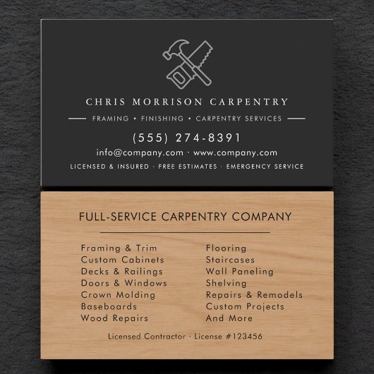 Modern Carpentry Service Wood Hammer Saw Visitekaartje