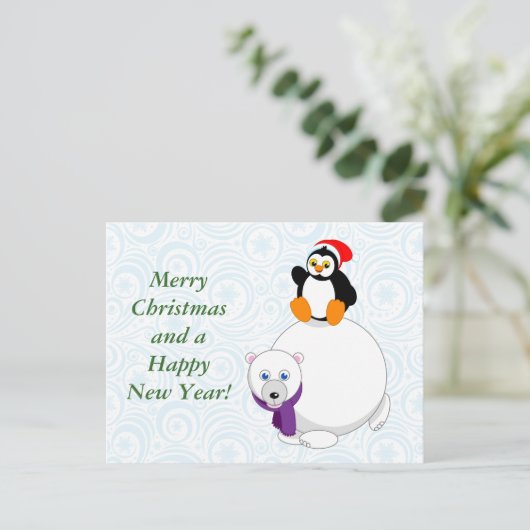 Modern cartoon of a penguin riding a polar bear, feestdagenkaart (Staand voorkant)