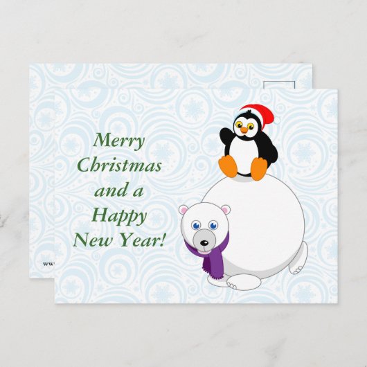 Modern cartoon of a penguin riding a polar bear, feestdagenkaart (Voorkant / Achterkant)