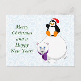 Modern cartoon of a penguin riding a polar bear, feestdagenkaart