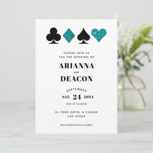 Modern Casino Blauwgroen Glitter Bruiloft Uitnodig Kaart (Staand voorkant)