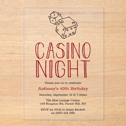 Modern Casino Night Verjaardagsfeest Acryl Uitnodigingen (Voorkant)