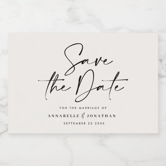 Modern casual script black save the date wedding sparkling wijnetiket (Enkel label)
