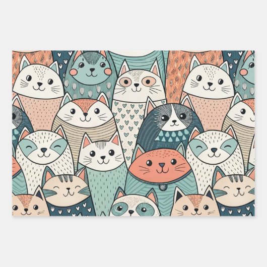 Modern Cat Characters Pattern Inpakpapier Vel (Voorkant)