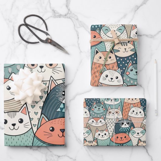 Modern Cat Characters Pattern Inpakpapier Vel (Voorkant)