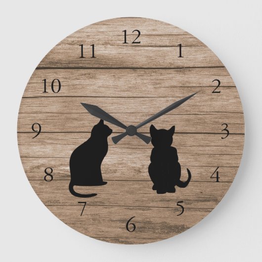 Modern cat silhouettes on rustic dark wood grote klok (Voorkant)