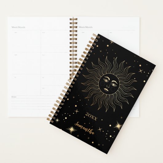 Modern Celestial Black Gold Sun Stars Naam Jaar Planner (Display)