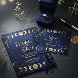 Modern Celestial Navy and Gold Moon Stars Wedding Kaart